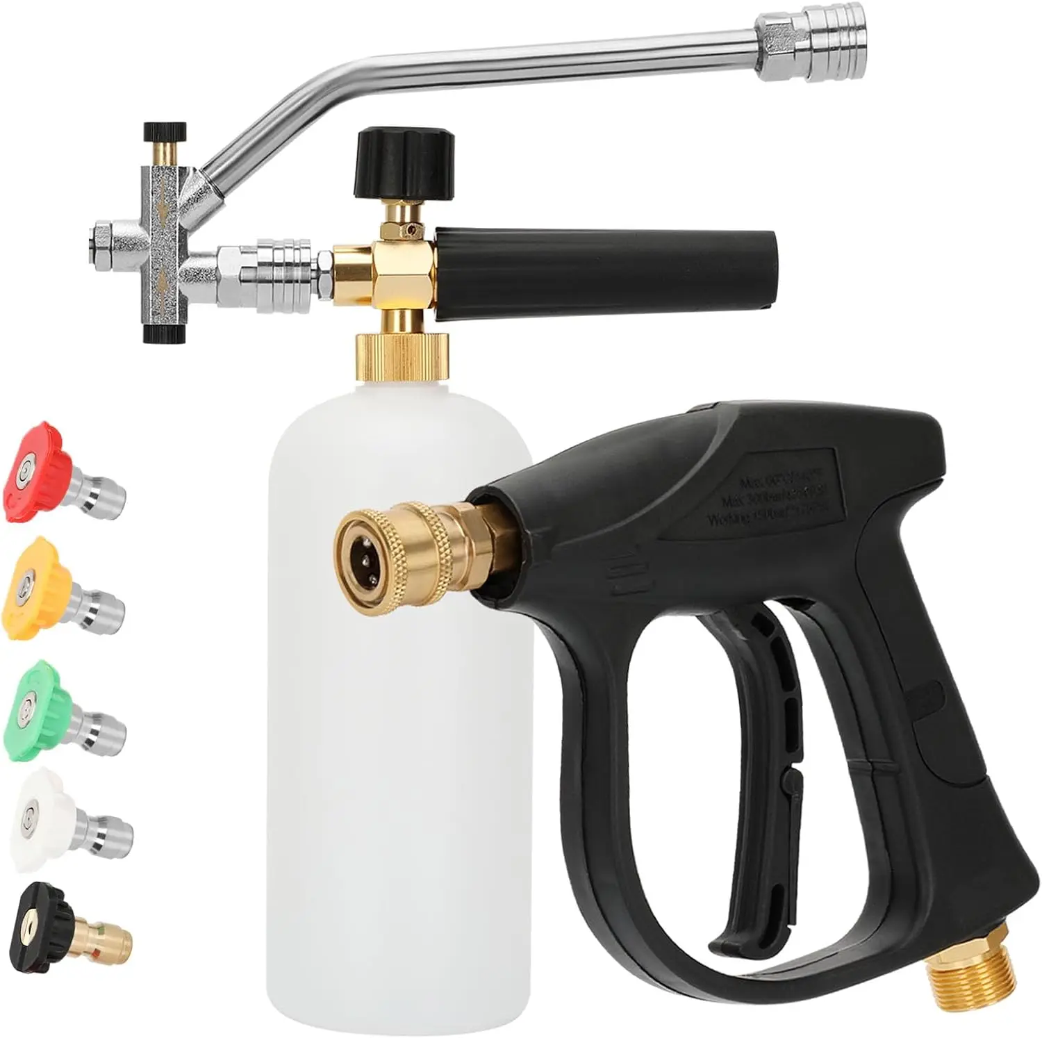 Short Pressure Washer Gun with Foam Cannon & 5 Nozzles, 1L, 4000 PSI, M22-14mm, Quick Connect
Short Pressure Washer Gun with Foam Cannon & 5 Nozzles, 1L, 4000 PSI, M22-14mm, Quick Connect