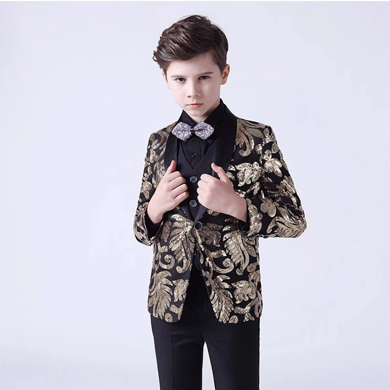 Boys' Gold Sequin Floral Suit Set 3-16 Years Kids Formal Suit Stage Shows Suit Set Shawl Collar Single Button Sequin Suit Set
Boys' Gold Sequin Floral Suit Set 3-16 Years Kids Formal Suit Stage Shows Suit Set Shawl Collar Single Button Sequin Suit Set