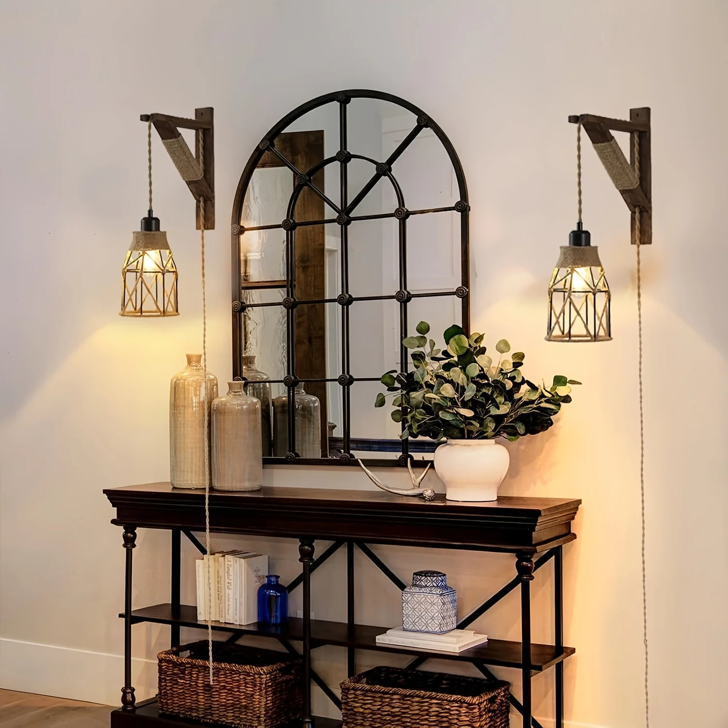 Plug In Wall Sconces Set Of 2 Or 1, Farmhouse Hanging Lamps That Plug Into Wall Outlet, Rustic Metal Cage Sconce with Wooden Bracket for Bedroom Living Room Headboard.
Plug In Wall Sconces Set Of 2 Or 1, Farmhouse Hanging Lamps That Plug Into Wall Outlet, Rustic Metal Cage Sconce with Wooden Bracket for Bedroom Living Room Headboard.