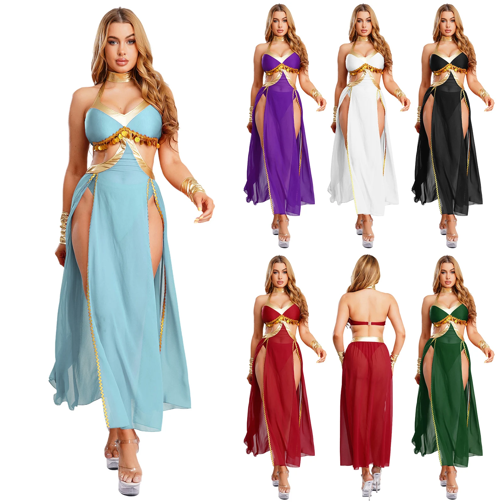 Women Belly Dance Costume Halter Dress with Briefs Choker Wristband Indian Dance Suit for Halloween Party Cosplay Performance
Women Belly Dance Costume Halter Dress with Briefs Choker Wristband Indian Dance Suit for Halloween Party Cosplay Performance