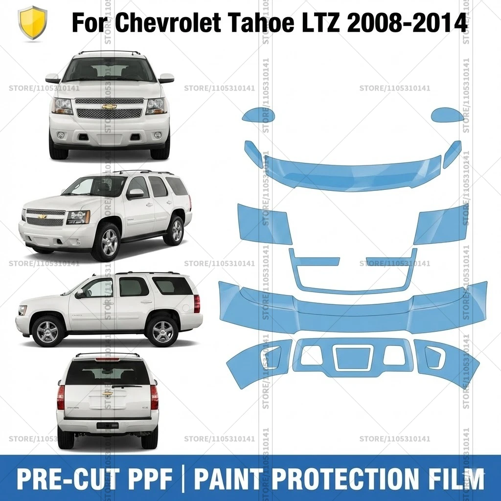 Для Chevrolet Tahoe LTZ 2008-2014: Профессиональный комплект прозрачной защитной пленки (PPF) для автомобиля, предварительно вырезанная, для передней части.
Для Chevrolet Tahoe LTZ 2008-2014: Профессиональный комплект прозрачной защитной пленки (PPF) для автомобиля, предварительно вырезанная, для передней части.
