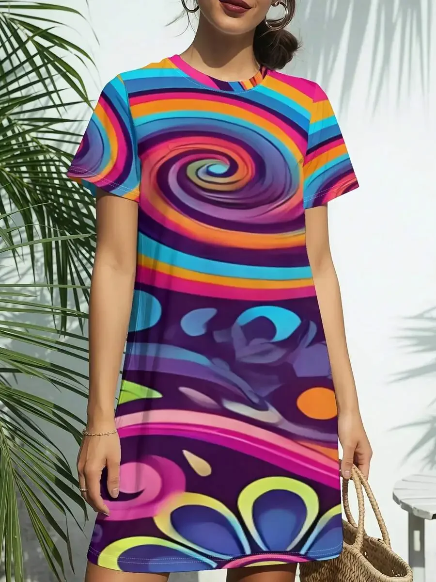 Vibrant Swirl Pattern Round Neck Short Sleeve T-Shirt Dress For Women, Casual Spring Summer Outfit, Stylish Everyday Wear
Vibrant Swirl Pattern Round Neck Short Sleeve T-Shirt Dress For Women, Casual Spring Summer Outfit, Stylish Everyday Wear