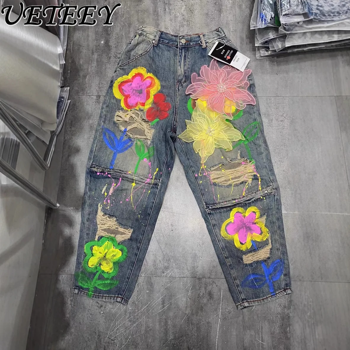 Thai Trendy Brand Heavy Industry Graffiti Denim Pants Sweet Flower Elastic High-waisted Jeans Loose Slim Zipper Ripped Trousers
Thai Trendy Brand Heavy Industry Graffiti Denim Pants Sweet Flower Elastic High-waisted Jeans Loose Slim Zipper Ripped Trousers