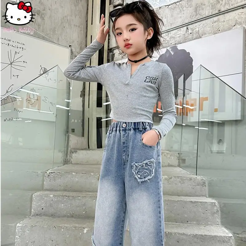 Kawaii Girls Kuromi широкие брюки с героями мультфильмов, весна и осень, новая корейская версия, повседневные прямые брюки в стиле аниме, модные джинсы Sanrio 
Kawaii Girls Kuromi широкие брюки с героями мультфильмов, весна и осень, новая корейская версия, повседневные прямые брюки в стиле аниме, модные джинсы Sanrio