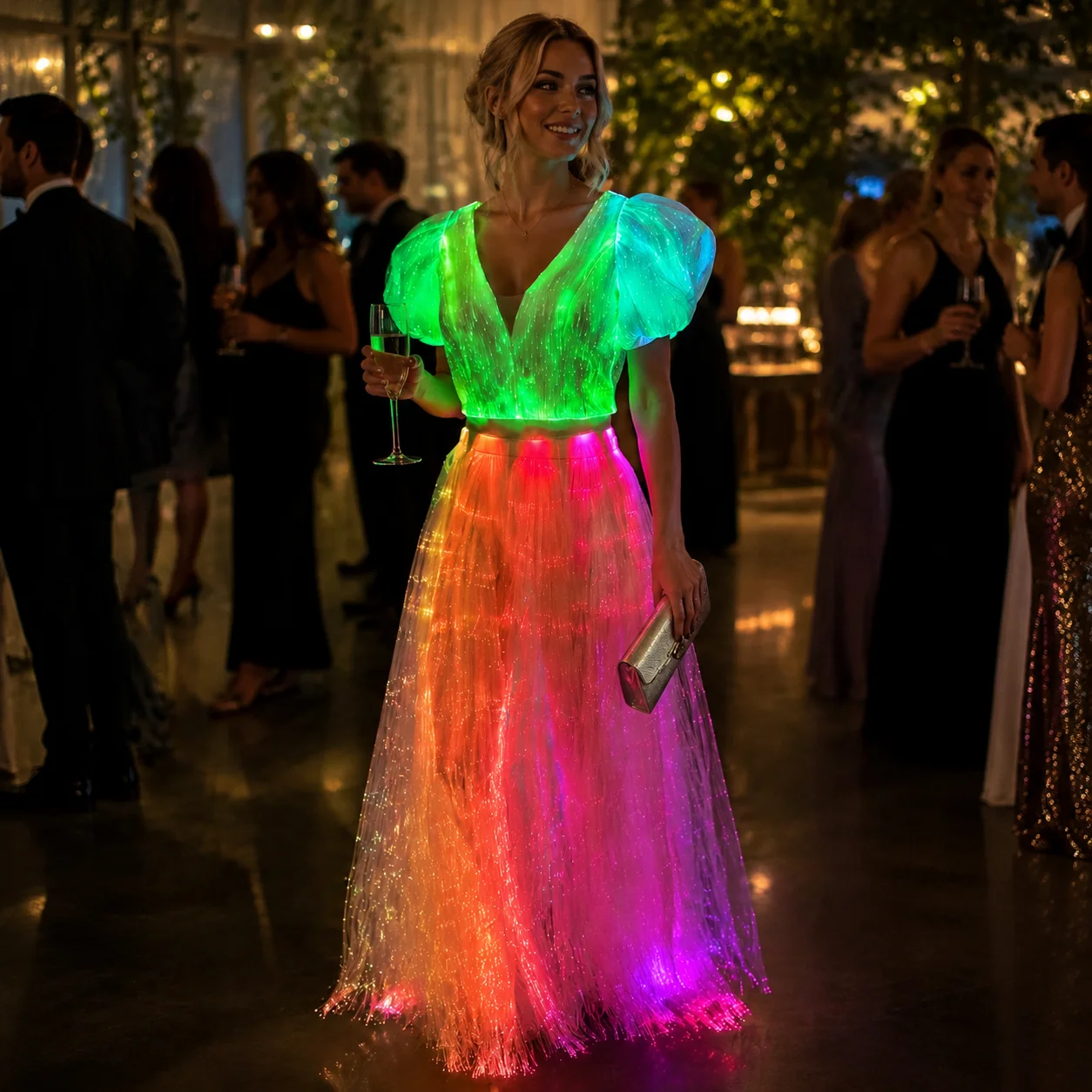 Luminous Fiber Optic Long Dress V-Neck Puff Sleeve LED Light up Gown for Stage Performance Carnival Nightclub Event
Luminous Fiber Optic Long Dress V-Neck Puff Sleeve LED Light up Gown for Stage Performance Carnival Nightclub Event