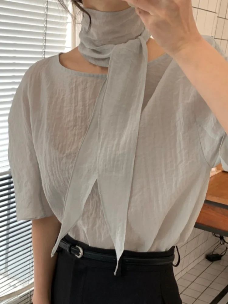 Korean Style Loose Short Sleeve Chiffon Shirt Women's Lazy Style Micro Translucent Texture Shirt with Two-Way Sash for Women
Korean Style Loose Short Sleeve Chiffon Shirt Women's Lazy Style Micro Translucent Texture Shirt with Two-Way Sash for Women