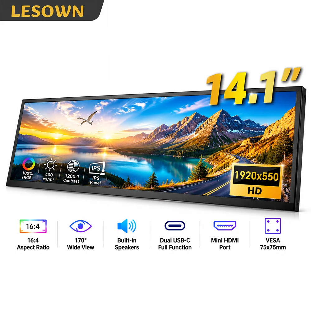 LESOWN 14.1 Inch Portable Monitor 1920x550 IPS Ultra-wide Travel Screen Driver-free External Display with Speakers for Laptop
LESOWN 14.1 Inch Portable Monitor 1920x550 IPS Ultra-wide Travel Screen Driver-free External Display with Speakers for Laptop
