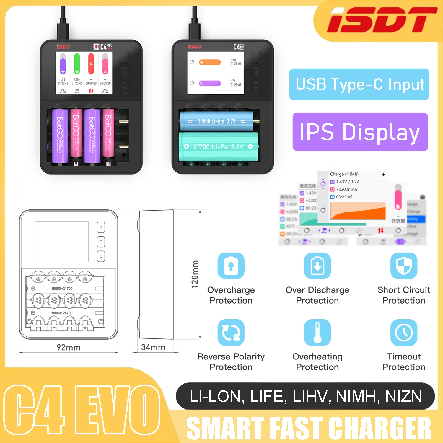 ISDT C4EVO 6CH Smart Fast Charger USB Type-C Input for 18650 26650 26700 AA AAA Battery IPS Display Screen and Fire Prevention
ISDT C4EVO 6CH Smart Fast Charger USB Type-C Input for 18650 26650 26700 AA AAA Battery IPS Display Screen and Fire Prevention