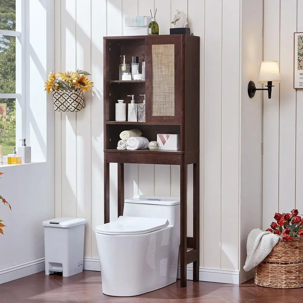Over Toilet Storage Cabinet with Sliding Door, Tall Standing Washer Shelf, Adjustable Shelving, Walnut Finish
Over Toilet Storage Cabinet with Sliding Door, Tall Standing Washer Shelf, Adjustable Shelving, Walnut Finish