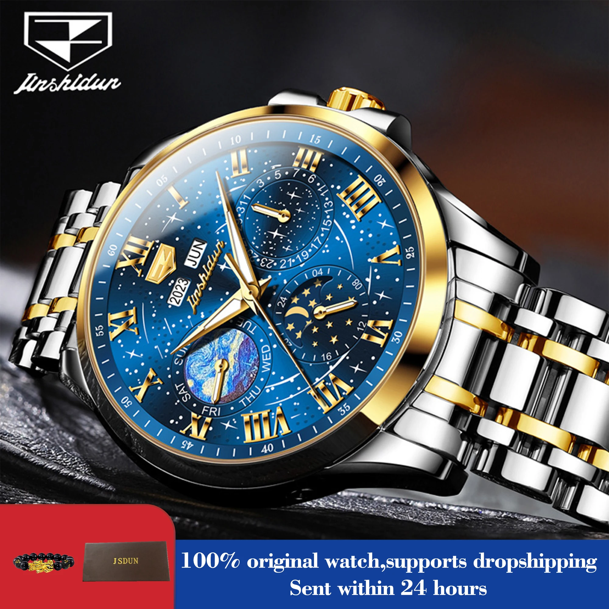 JSDUN 8957, мужские часы, звездное небо, фаза Луны, механические часы для мужчин, римская шкала, водонепроницаемые светящиеся наручные часы с автоматической датой
JSDUN 8957, мужские часы, звездное небо, фаза Луны, механические часы для мужчин, римская шкала, водонепроницаемые светящиеся наручные часы с автоматической датой