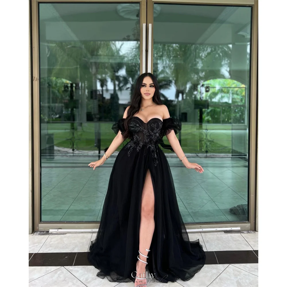 Cathy Black Off Shoulder Embroidery Tulle Prom Dress A-line Side Split vestidos de noiva Floor-length Customized Evening Dresses
Cathy Black Off Shoulder Embroidery Tulle Prom Dress A-line Side Split vestidos de noiva Floor-length Customized Evening Dresses