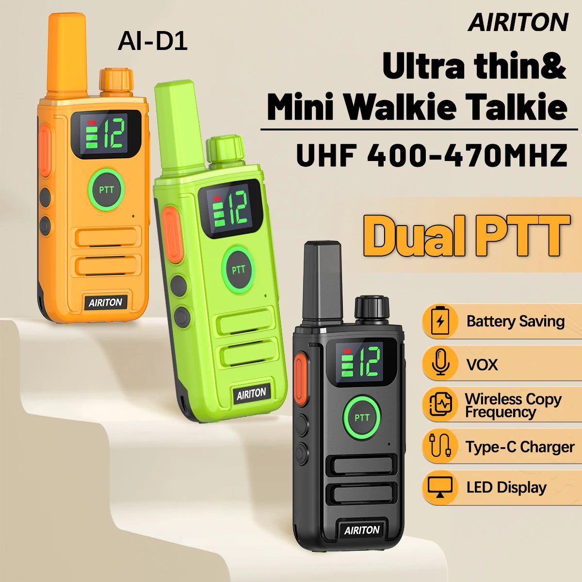 Рация AIRITON AI-D1 Mini, UHF, с двойным PTT, ультратонкая, 400-470 МГц, VOX, зарядка Type-C, портативная, для кемпинга
Рация AIRITON AI-D1 Mini, UHF, с двойным PTT, ультратонкая, 400-470 МГц, VOX, зарядка Type-C, портативная, для кемпинга