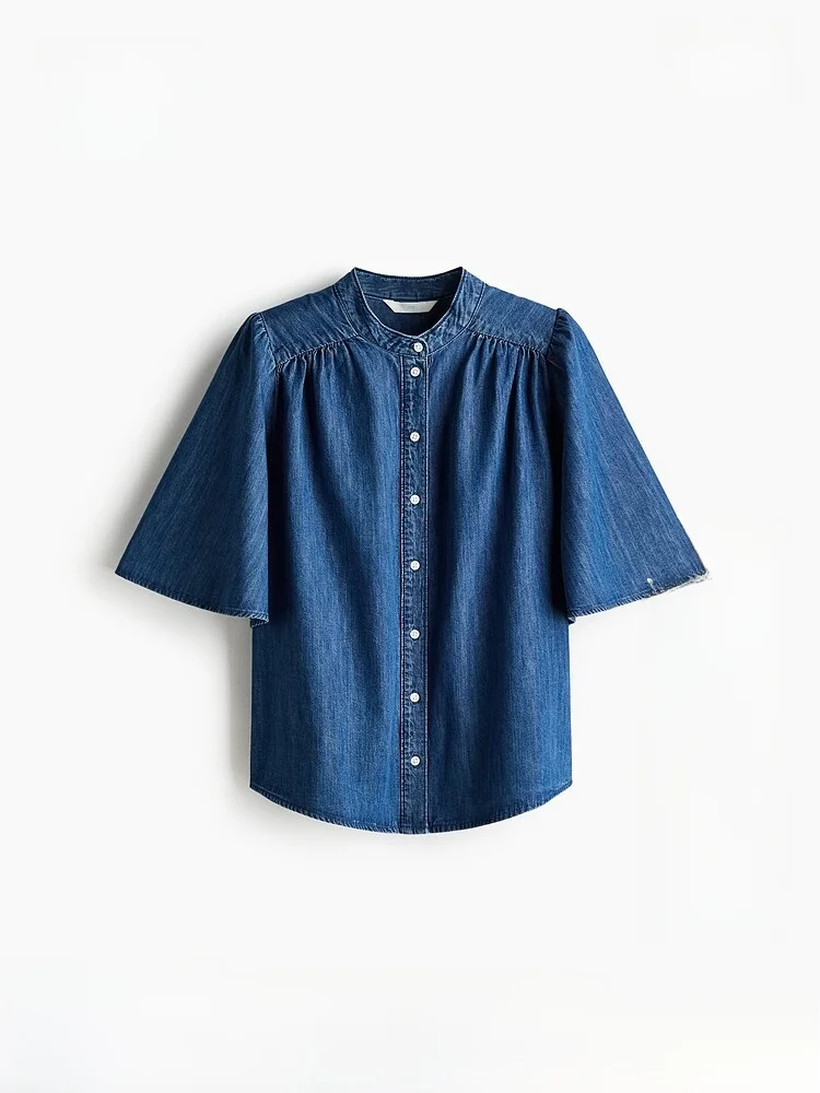 H&M Summer New Women's Denim Top Loose Fit Pure Cotton Short Sleeve Stand Collar Button Detail Casual Shirt 1328276
H&M Summer New Women's Denim Top Loose Fit Pure Cotton Short Sleeve Stand Collar Button Detail Casual Shirt 1328276
