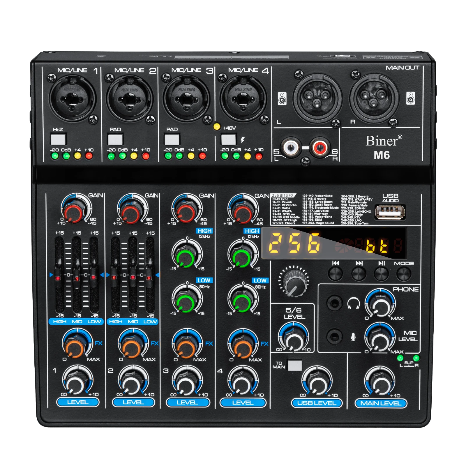 Biner M6 Professional Встроенный 256 эффектов реверберации 6-канальный цифровой USB звуковой аудиомикшер для выступления на сцене
Biner M6 Professional Встроенный 256 эффектов реверберации 6-канальный цифровой USB звуковой аудиомикшер для выступления на сцене