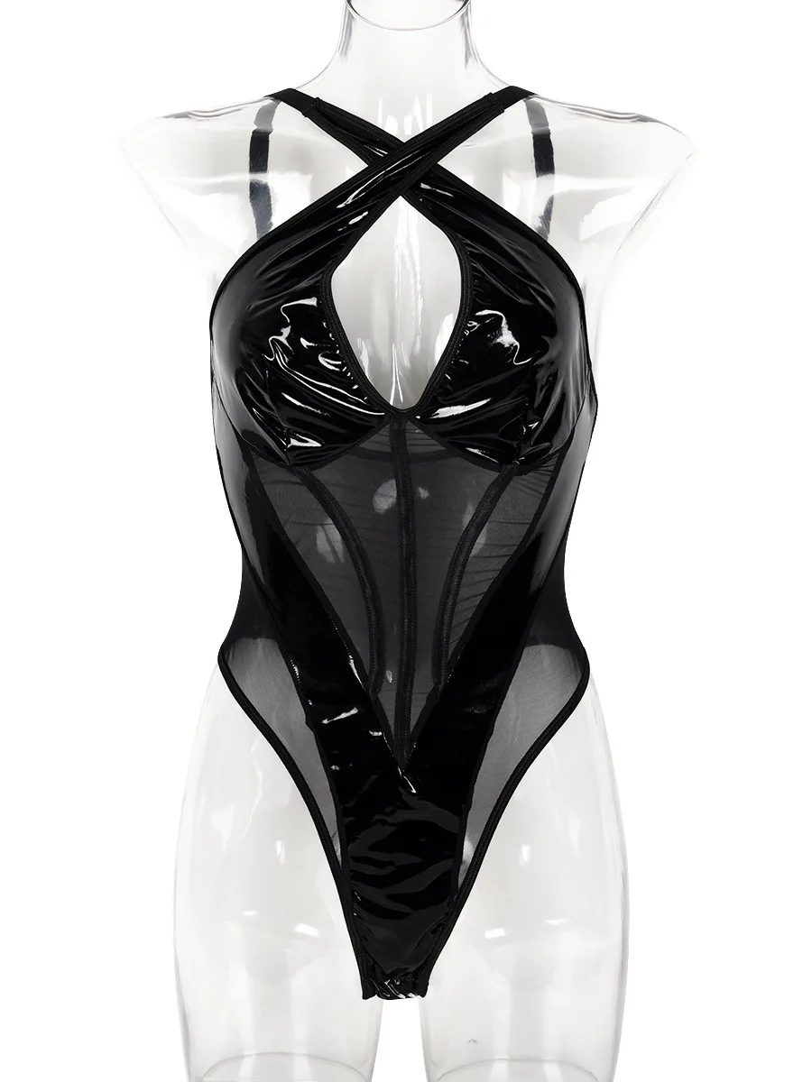 New PU Reflective Patent Leather Patchwork Sexy V-neck Fashionable Jumpsuit Perspective Gauze Splicing Intersection Backless
New PU Reflective Patent Leather Patchwork Sexy V-neck Fashionable Jumpsuit Perspective Gauze Splicing Intersection Backless