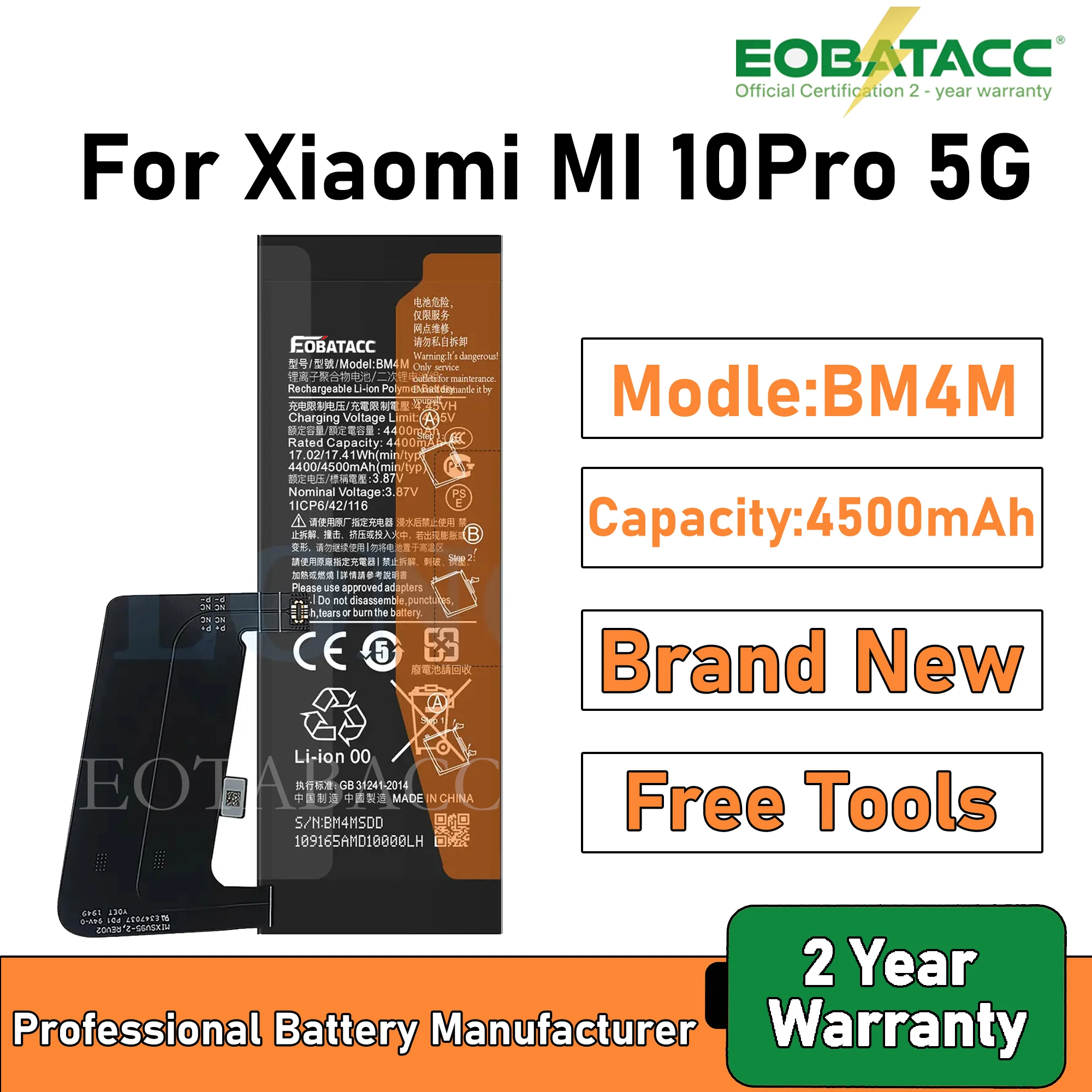 2025 Years EOBATACC 100% New BM4M Battery For Xiaomi 10Pro 5G 4500mAh Batteries+Free Tools
2025 Years EOBATACC 100% New BM4M Battery For Xiaomi 10Pro 5G 4500mAh Batteries+Free Tools