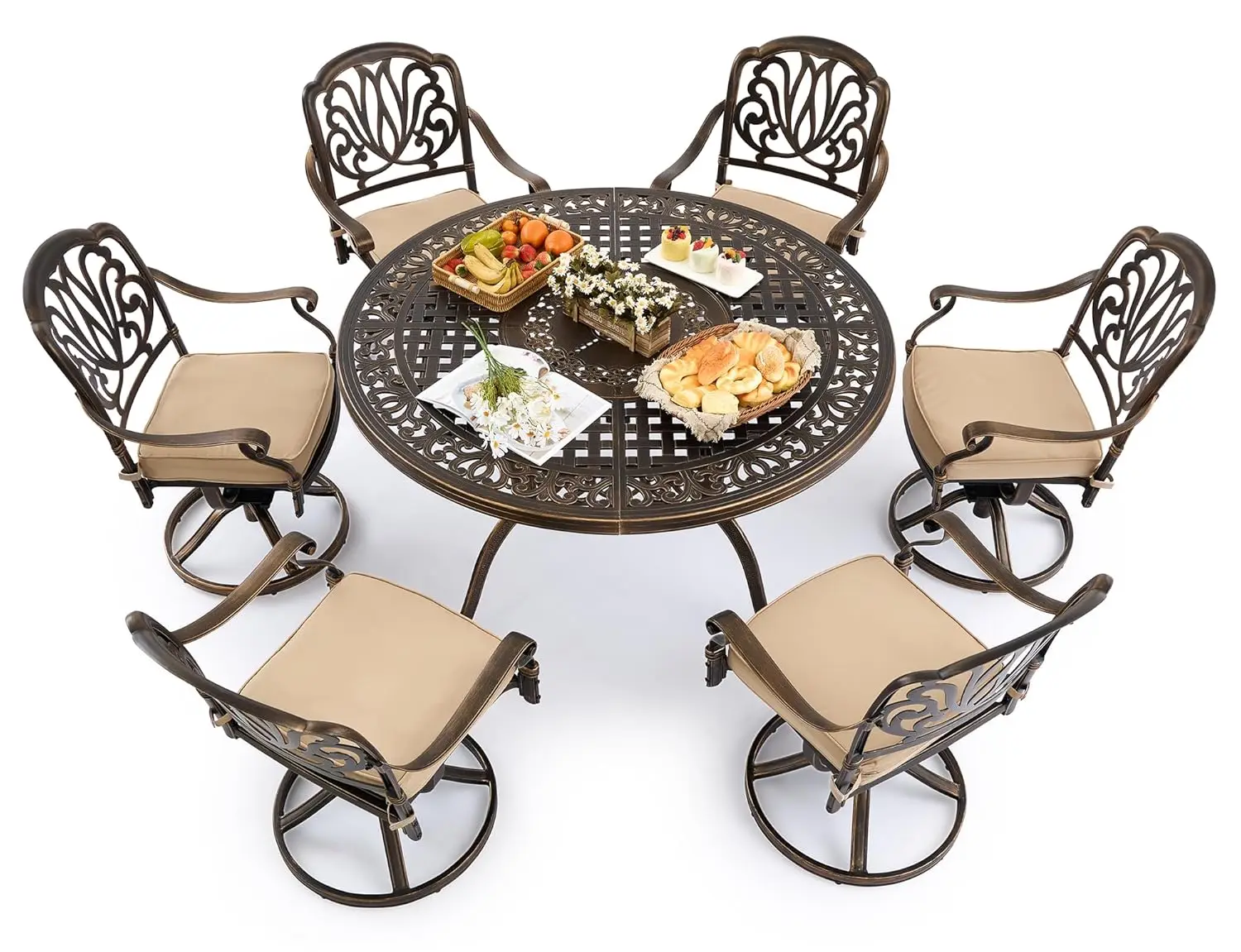 7 Piece Outdoor Dining Set Cast Aluminum, Retro Patio Dining Furniture Set For 6 Includes 54’’ Round Table 6 Chairs, Customized
7 Piece Outdoor Dining Set Cast Aluminum, Retro Patio Dining Furniture Set For 6 Includes 54’’ Round Table 6 Chairs, Customized