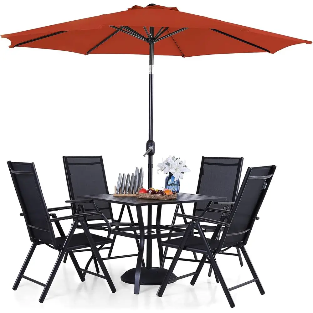 4-Piece Patio Dining Set with 9ft Umbrella, Adjustable Chairs, and 37 Metal Table
4-Piece Patio Dining Set with 9ft Umbrella, Adjustable Chairs, and 37 Metal Table