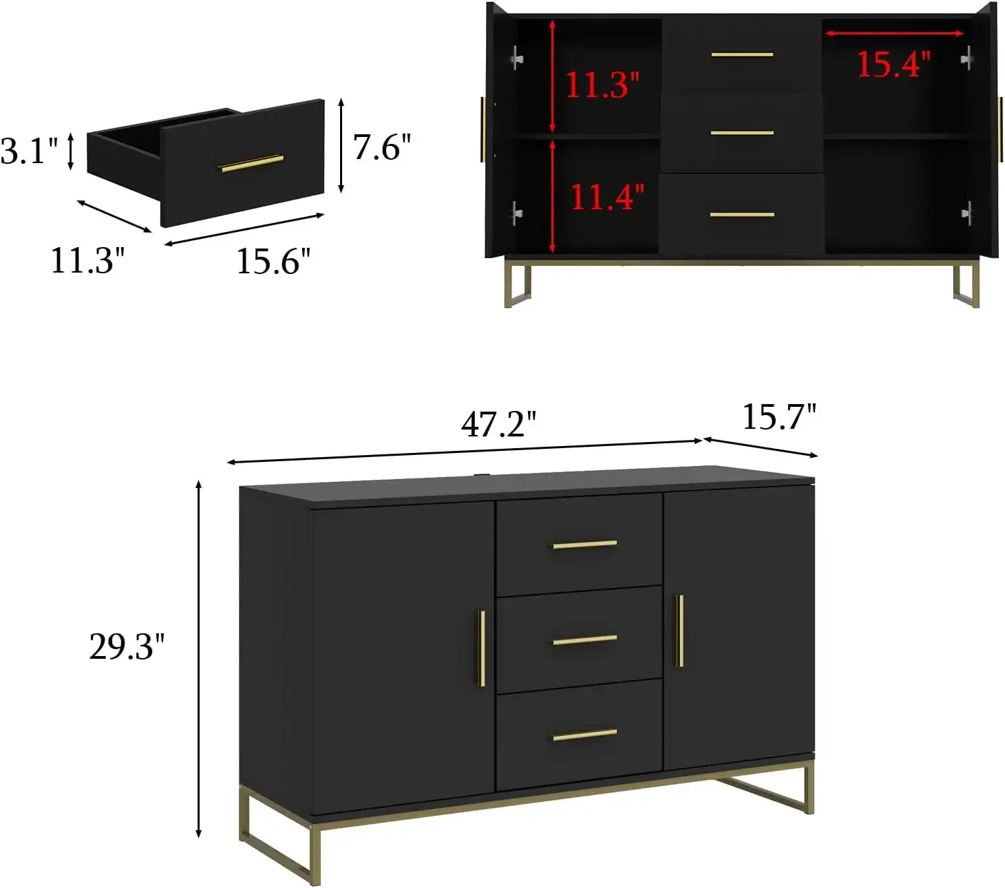 47" Kitchen Cabinet with 3 Drawers & 2 Doors, Kitchen Buffet Cabinet Cupboard with Gold Metal Legs, Black
47" Kitchen Cabinet with 3 Drawers & 2 Doors, Kitchen Buffet Cabinet Cupboard with Gold Metal Legs, Black