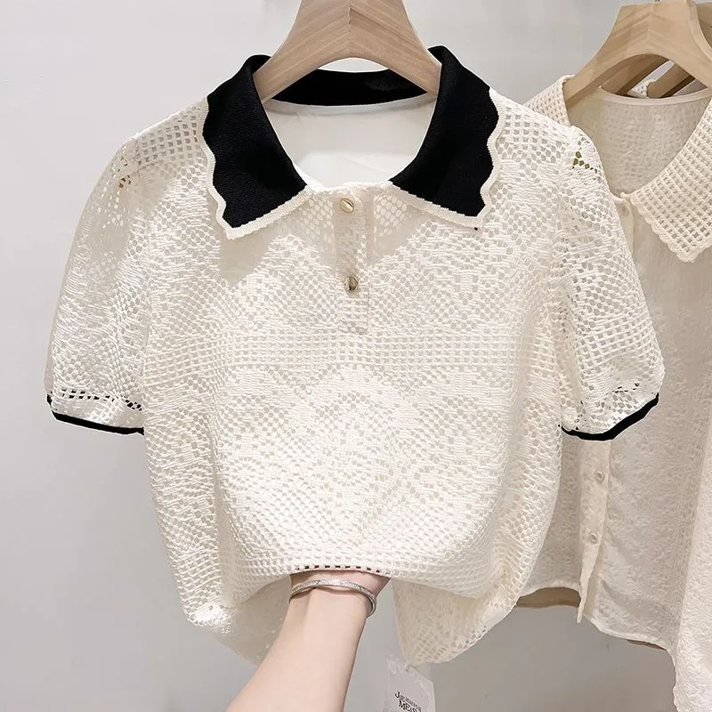 Women Summer Simplicity Office Lady Solid Color Polo Collar Short Sleeve Shirts Ladies Fashion Hollow Out All-match Lace Tops
Women Summer Simplicity Office Lady Solid Color Polo Collar Short Sleeve Shirts Ladies Fashion Hollow Out All-match Lace Tops