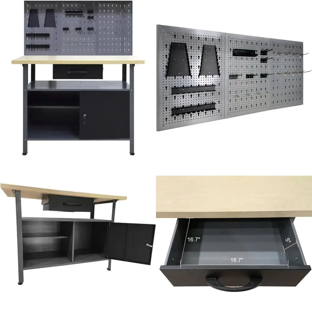 "стальной металлический верстак с 3 перфораторами и 22 крючками, шкаф для хранения инструментов с деревянной столешницей для гаража и подвала.
"стальной металлический верстак с 3 перфораторами и 22 крючками, шкаф для хранения инструментов с деревянной столешницей для гаража и подвала.