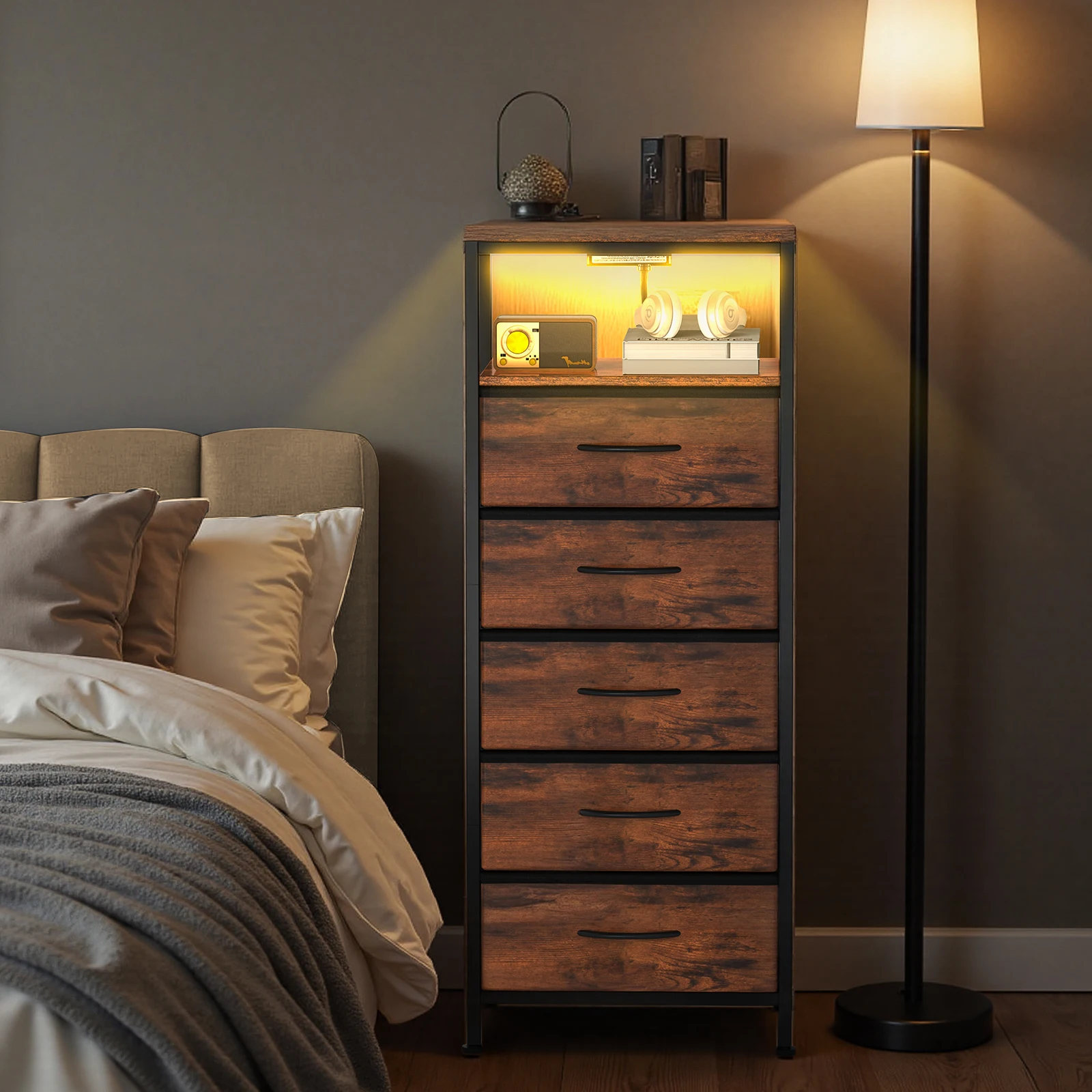 JHK 5-Drawer Cabinet with Charging Station Bedside Table with USB Ports Type-C Bedroom Night Stand with Fabric Drawers and Open Shelf Tall Narrow End Table for Small Bedroom
JHK 5-Drawer Cabinet with Charging Station Bedside Table with USB Ports Type-C Bedroom Night Stand with Fabric Drawers and Open Shelf Tall Narrow End Table for Small Bedroom