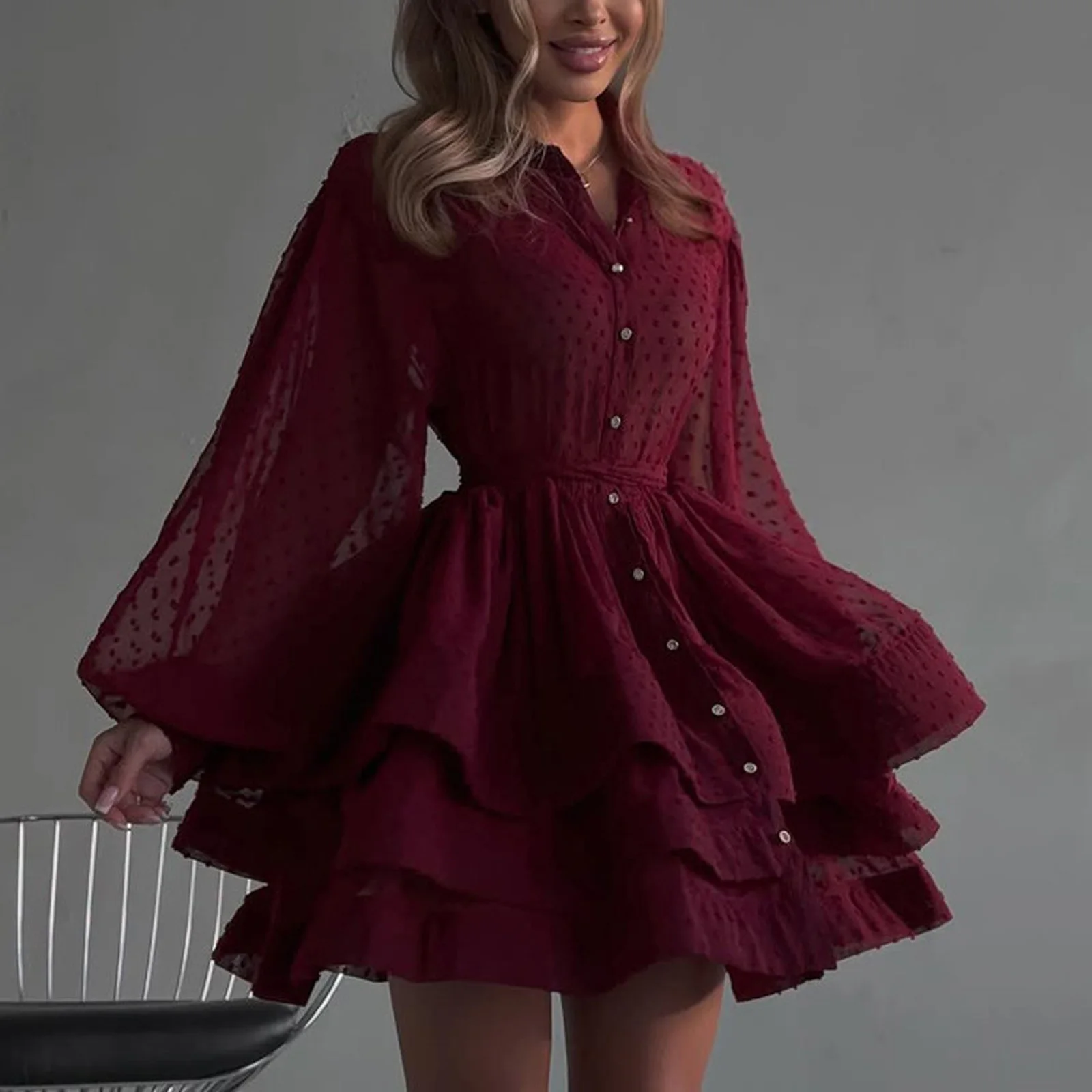 Solid Ruffled Mini Shirt Dress Women Elegant Lapel Long Bubble Sleeve Single Breasted High Waist Layered Fluffy Party Dress
Solid Ruffled Mini Shirt Dress Women Elegant Lapel Long Bubble Sleeve Single Breasted High Waist Layered Fluffy Party Dress