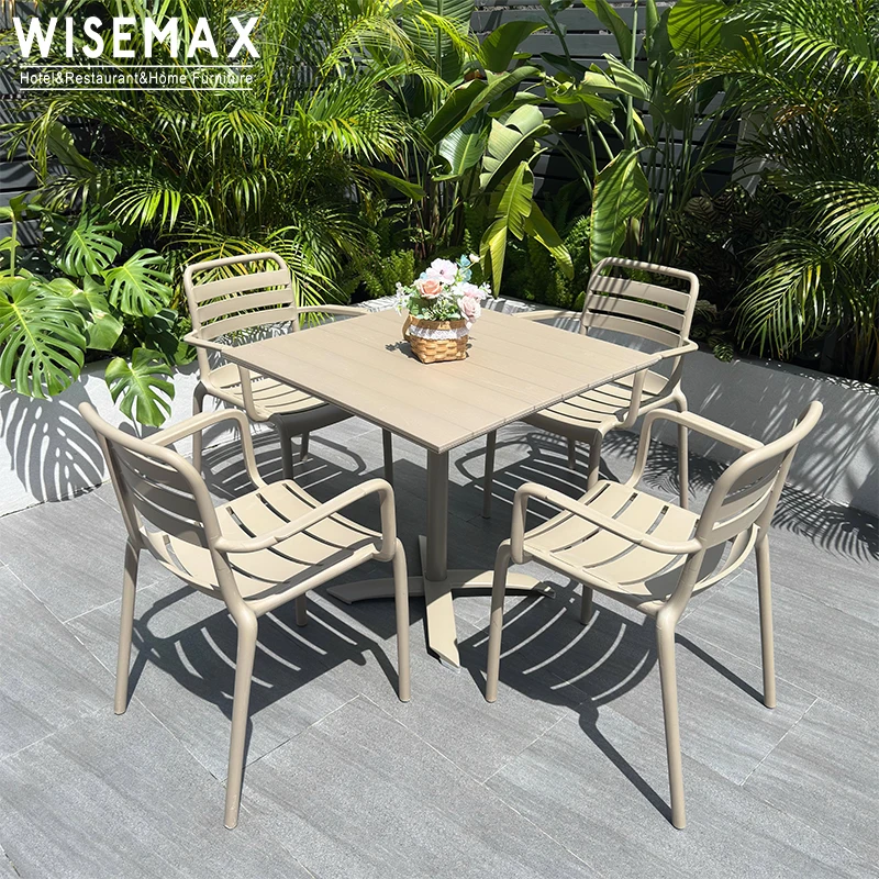 WISEMAX FURNITURE Modern Outdoor Patio Furniture Restaurant Aluminum Alloy Wood-Plastic Dining Table Chair Set for Garden
WISEMAX FURNITURE Modern Outdoor Patio Furniture Restaurant Aluminum Alloy Wood-Plastic Dining Table Chair Set for Garden
