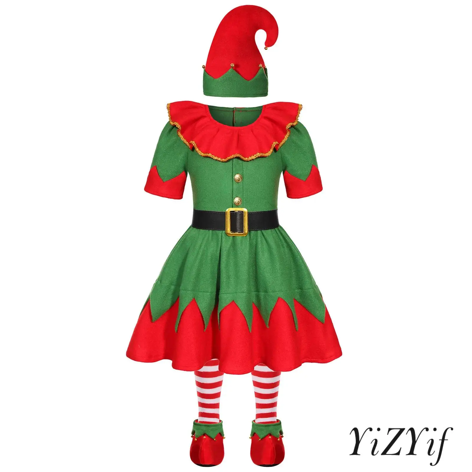 Kids Girls Christmas Elf Costume Contrast Color Short Sleeve Ruffled Dress with Waistbelt Xmas Hat Stripe Socking and Shoes Set
Kids Girls Christmas Elf Costume Contrast Color Short Sleeve Ruffled Dress with Waistbelt Xmas Hat Stripe Socking and Shoes Set