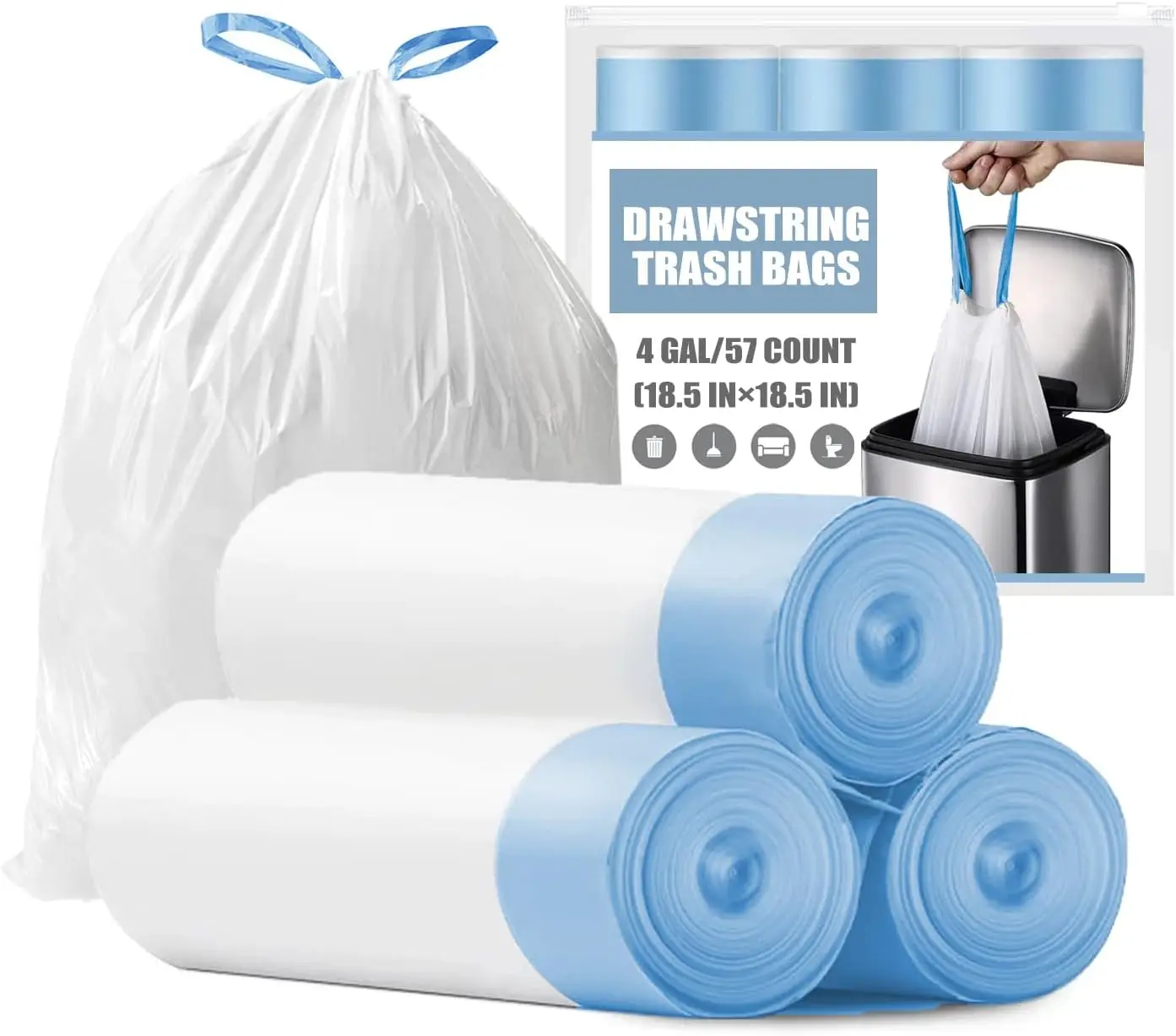 4 Gallon Drawstring Trash Bags, 57 Count - Tear-Free Unscented Small Garbage Bags for Bathroom Office Kitchen
4 Gallon Drawstring Trash Bags, 57 Count - Tear-Free Unscented Small Garbage Bags for Bathroom Office Kitchen