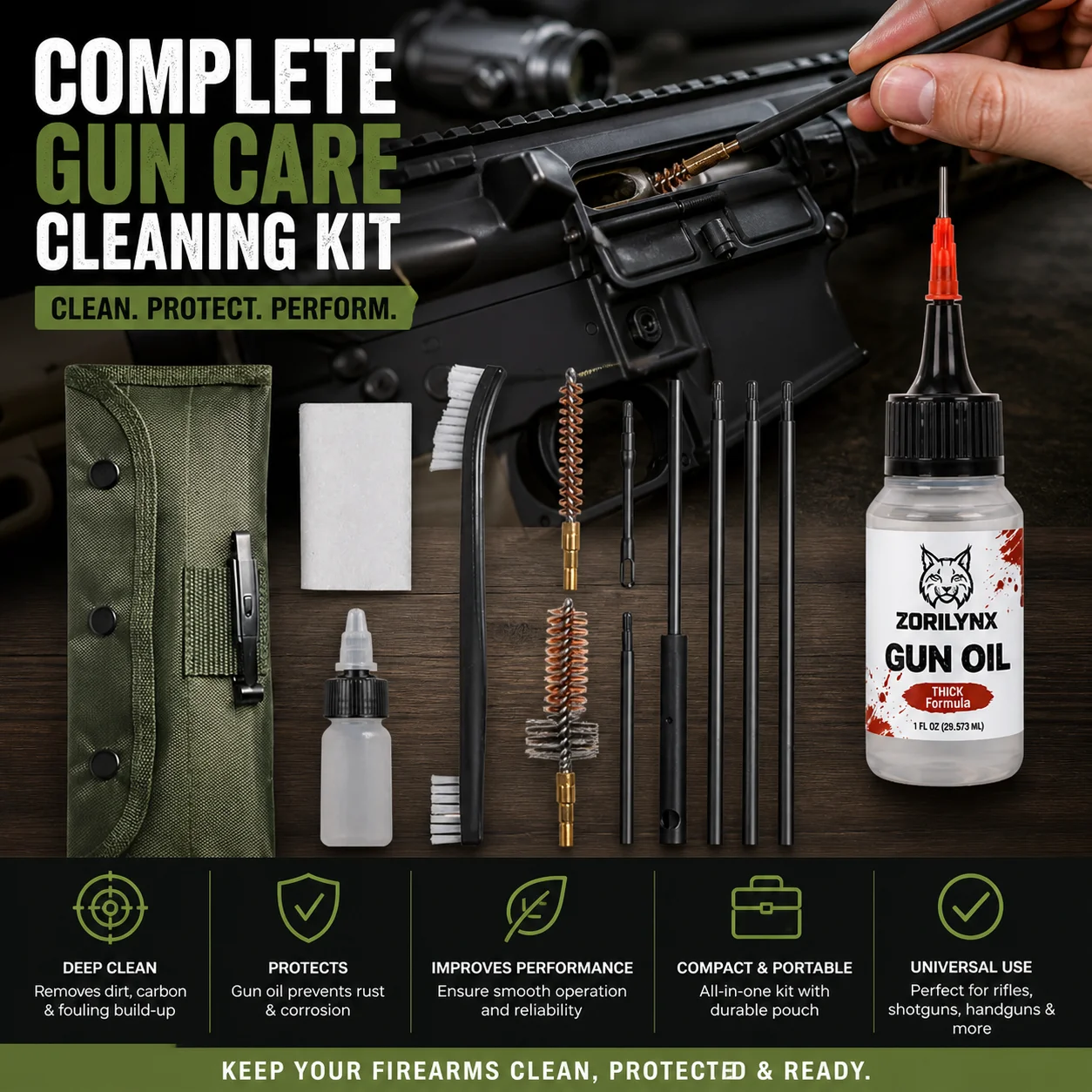 Professional Gun Cleaning Kit with Precision Gun Oil Lubricant CLP Brushes Rods for Pistol Rifle Shotgun Maintenance ZORILYNX
Professional Gun Cleaning Kit with Precision Gun Oil Lubricant CLP Brushes Rods for Pistol Rifle Shotgun Maintenance ZORILYNX