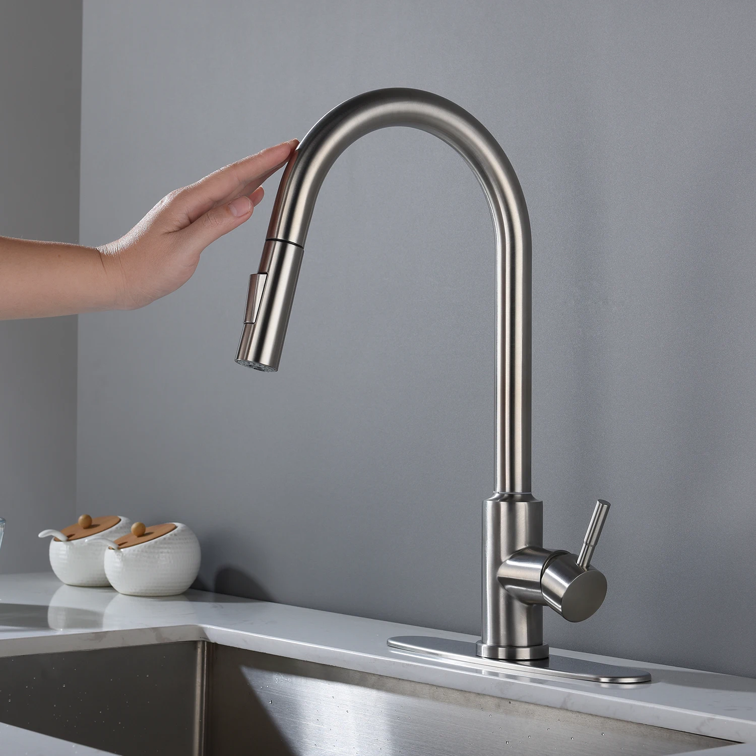 Touch Kitchen Faucet with Pull Down Sprayer-Brushed Nickel
Touch Kitchen Faucet with Pull Down Sprayer-Brushed Nickel