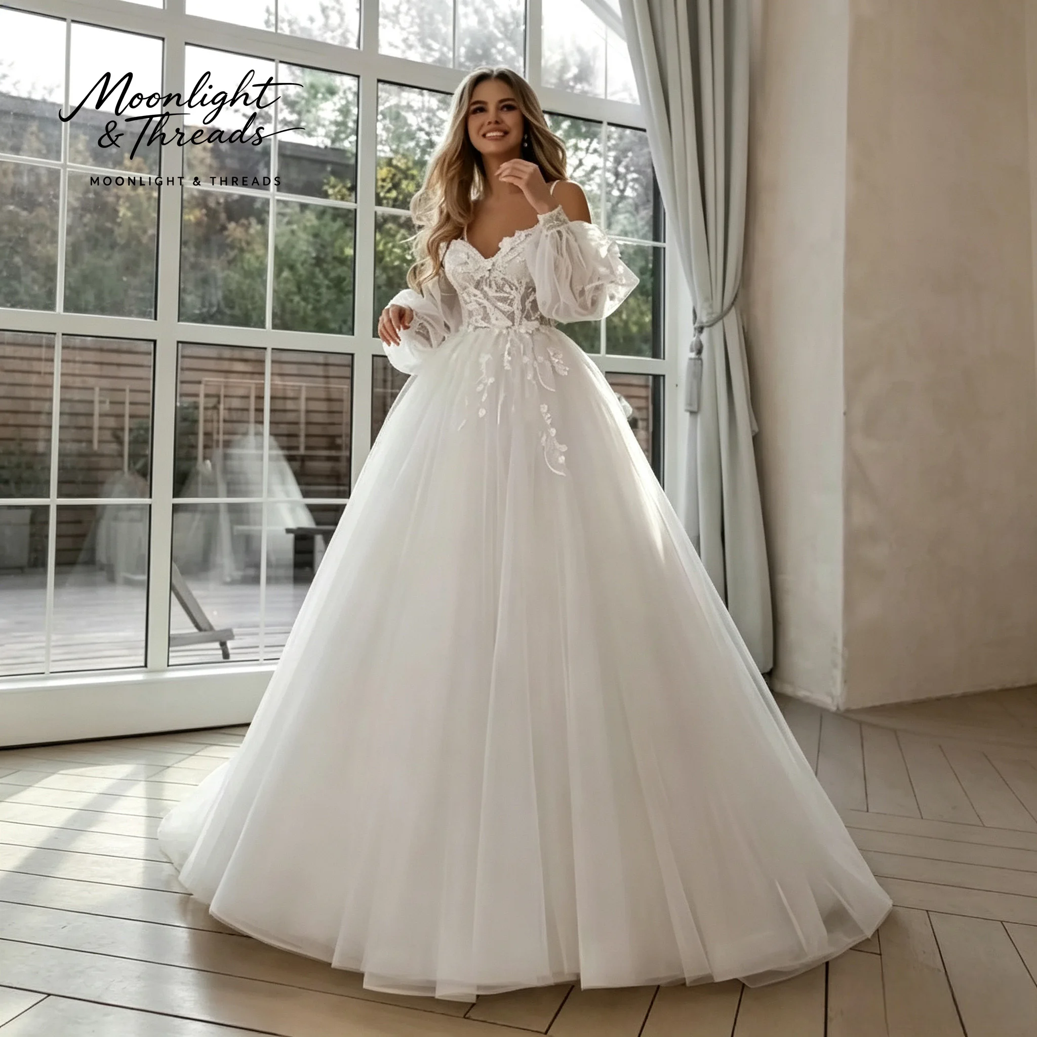 White long-sleeved off-shoulder full-skirted gown with spaghetti straps embroidered lace formal wedding attire
White long-sleeved off-shoulder full-skirted gown with spaghetti straps embroidered lace formal wedding attire