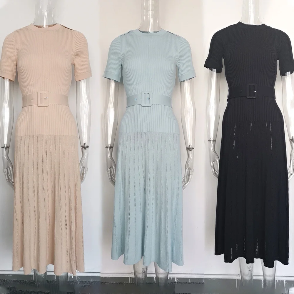 Spring and summer round neck short sleeve long belt dress high quality knitted long skirt
Spring and summer round neck short sleeve long belt dress high quality knitted long skirt