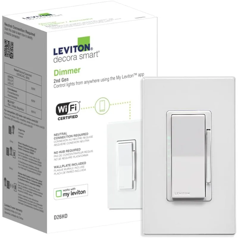 Leviton Decora Smart Dimmer Switch, Wi-Fi 2nd Gen, Neutral Wire Required, Works with Matter, My Leviton, Alexa, Google Assistant
Leviton Decora Smart Dimmer Switch, Wi-Fi 2nd Gen, Neutral Wire Required, Works with Matter, My Leviton, Alexa, Google Assistant