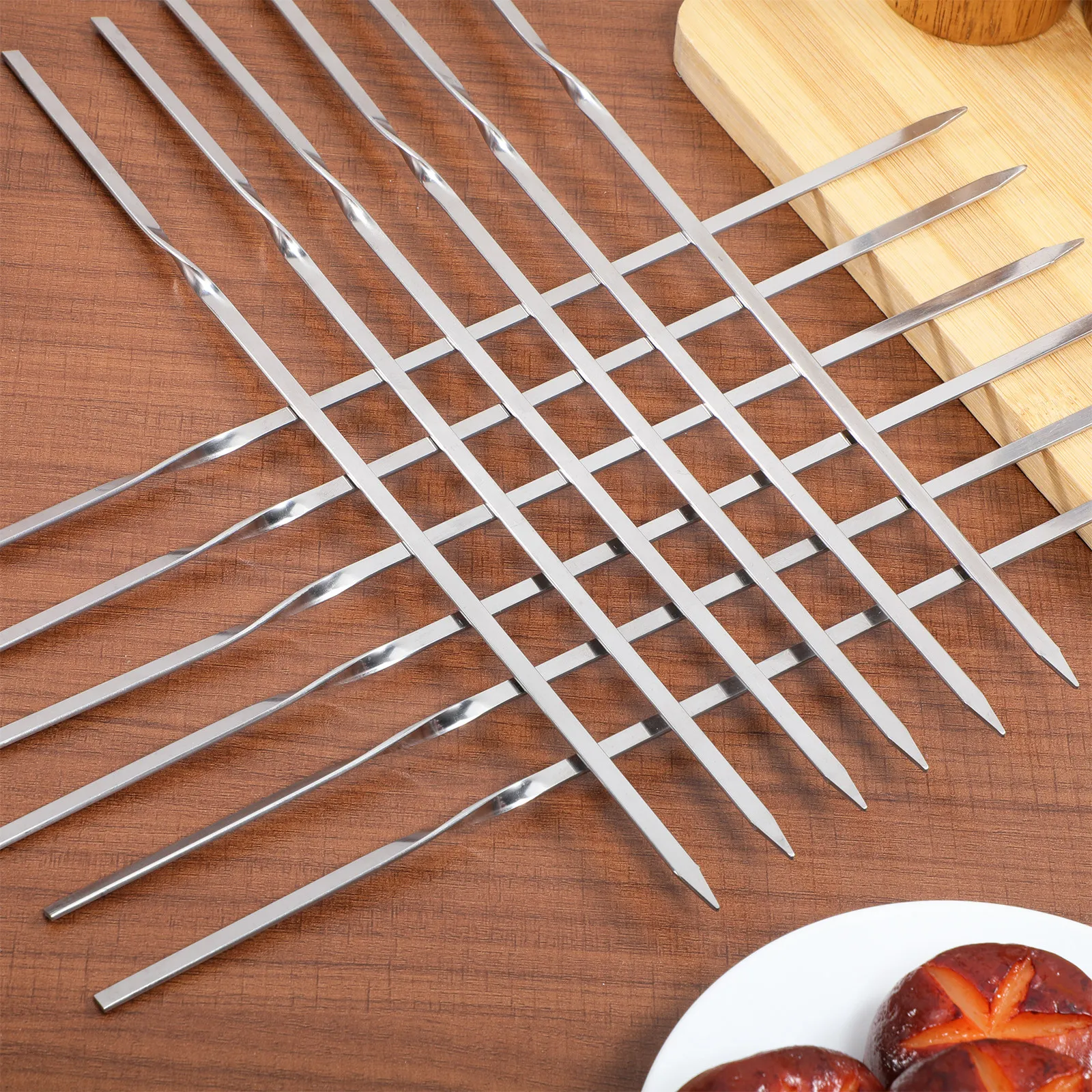 Набор плоских шампуров из нержавеющей стали с термостойким покрытием, нескользящие, многоразовые, для гриля мяса и овощей
Набор плоских шампуров из нержавеющей стали с термостойким покрытием, нескользящие, многоразовые, для гриля мяса и овощей