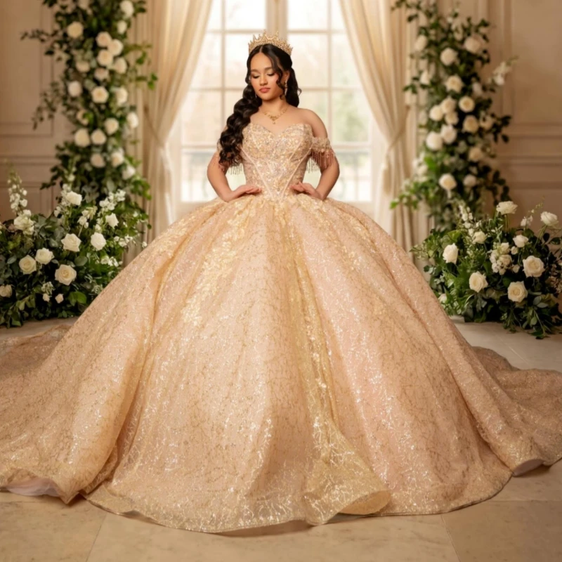 Champagne Gold Shiny Ball Gown Quinceanera Dresses Sequin Applique Lace Beading Crystal Tull Corset Off The Shoulder Sweet 16
Champagne Gold Shiny Ball Gown Quinceanera Dresses Sequin Applique Lace Beading Crystal Tull Corset Off The Shoulder Sweet 16
