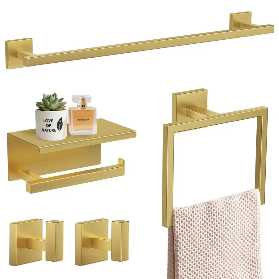 Набор из 5 предметов для ванной комнаты из матовой золотой стали, набор для полотенец из нержавеющей стали SUS304 длиной 23,6 дюйма, квадратные аксессуары для ванной комнаты
Набор из 5 предметов для ванной комнаты из матовой золотой стали, набор для полотенец из нержавеющей стали SUS304 длиной 23,6 дюйма, квадратные аксессуары для ванной комнаты
