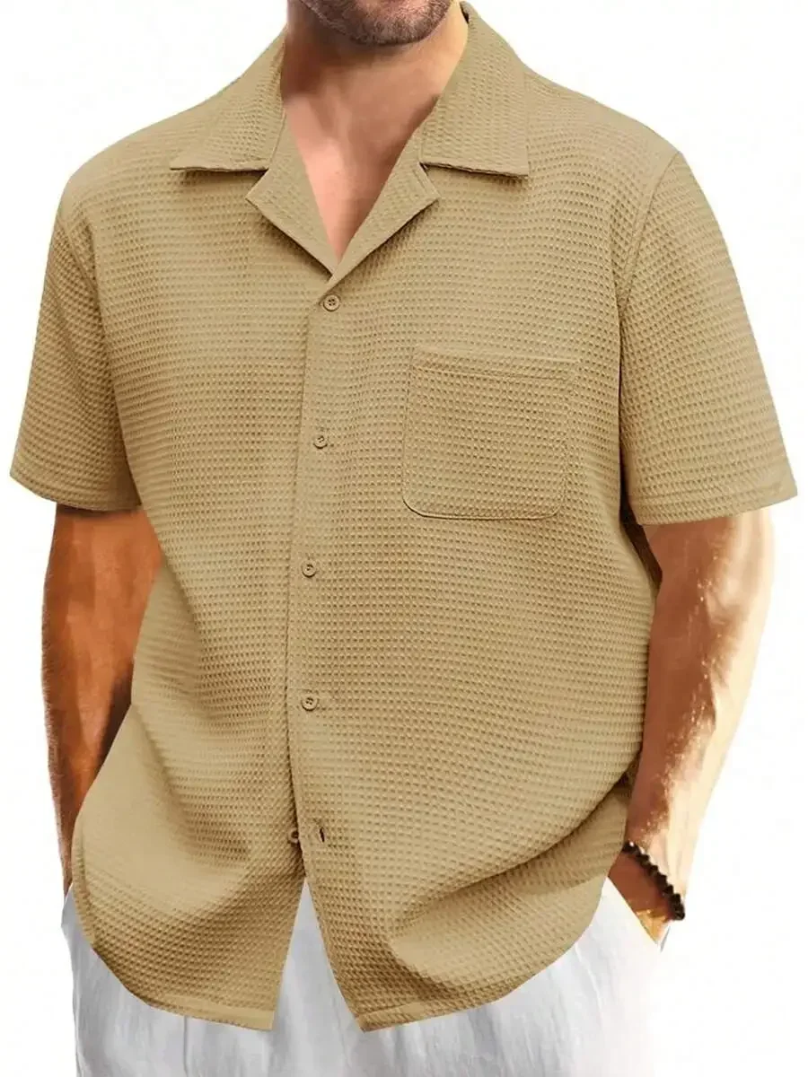Mens Waffle Knit Button Up Shirt Short Sleeve Cuban Collar Solid Color Casual Top
Mens Waffle Knit Button Up Shirt Short Sleeve Cuban Collar Solid Color Casual Top