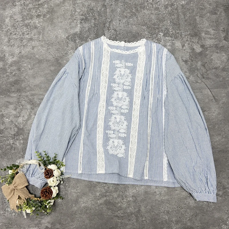Spring Autumn Lace Embroidery Cotton And Linen Blouse Women Clothing Striped Loose Hollow Blue Long Sleeve Mori Girl Shirt U169
Spring Autumn Lace Embroidery Cotton And Linen Blouse Women Clothing Striped Loose Hollow Blue Long Sleeve Mori Girl Shirt U169