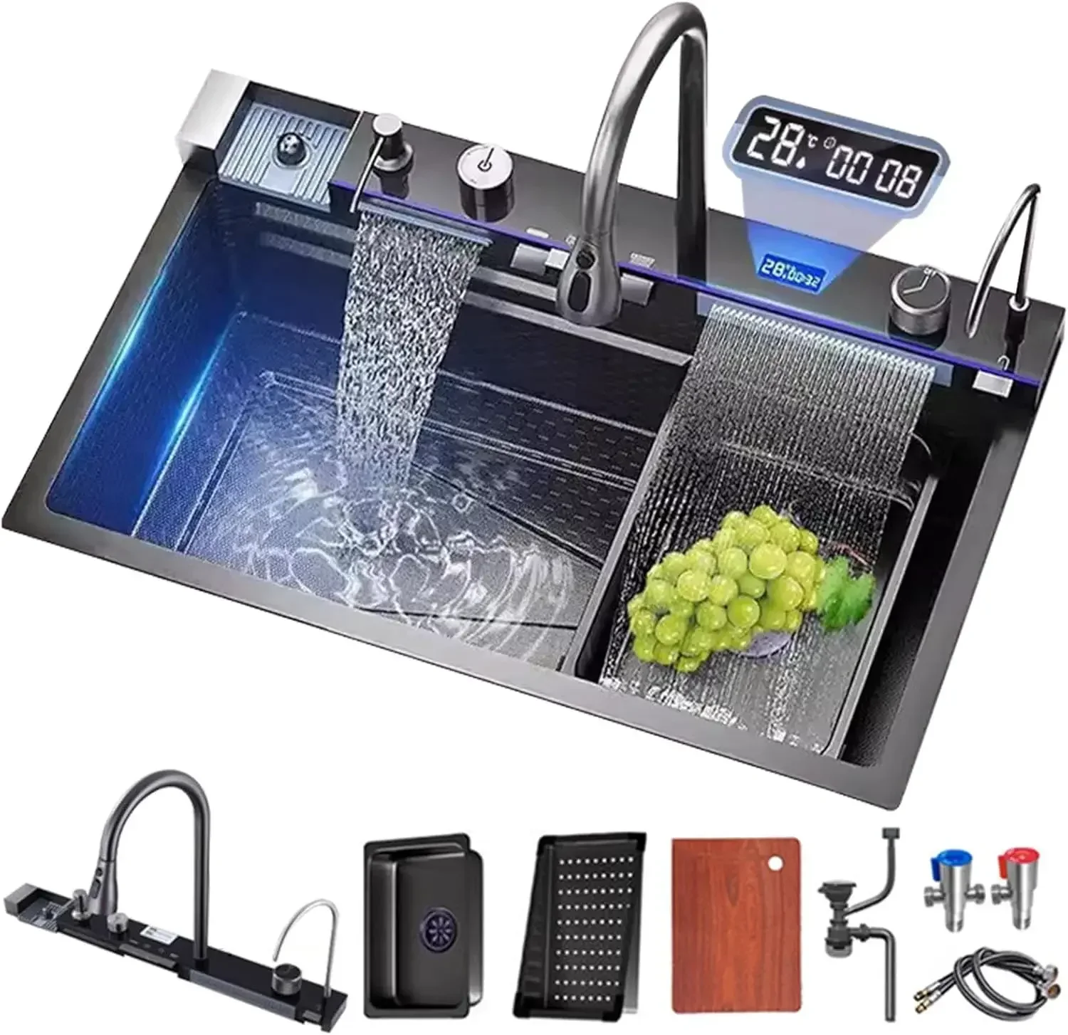 Double Waterfall Kitchen Sink Workstation With Led Display Cup Washer Soap Dispenser Waterfall Mixer Worktop Controller Gun Grey
Double Waterfall Kitchen Sink Workstation With Led Display Cup Washer Soap Dispenser Waterfall Mixer Worktop Controller Gun Grey