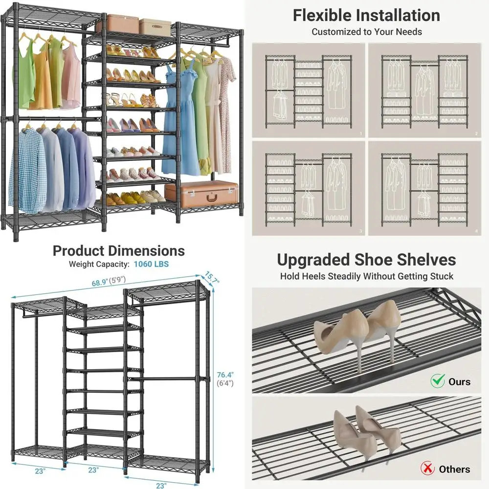 68.9 Large 6-Tier Shoe Rack with Hanging Rod, Adjustable Shelf, Black Heavy-Duty Garment Rack
68.9 Large 6-Tier Shoe Rack with Hanging Rod, Adjustable Shelf, Black Heavy-Duty Garment Rack