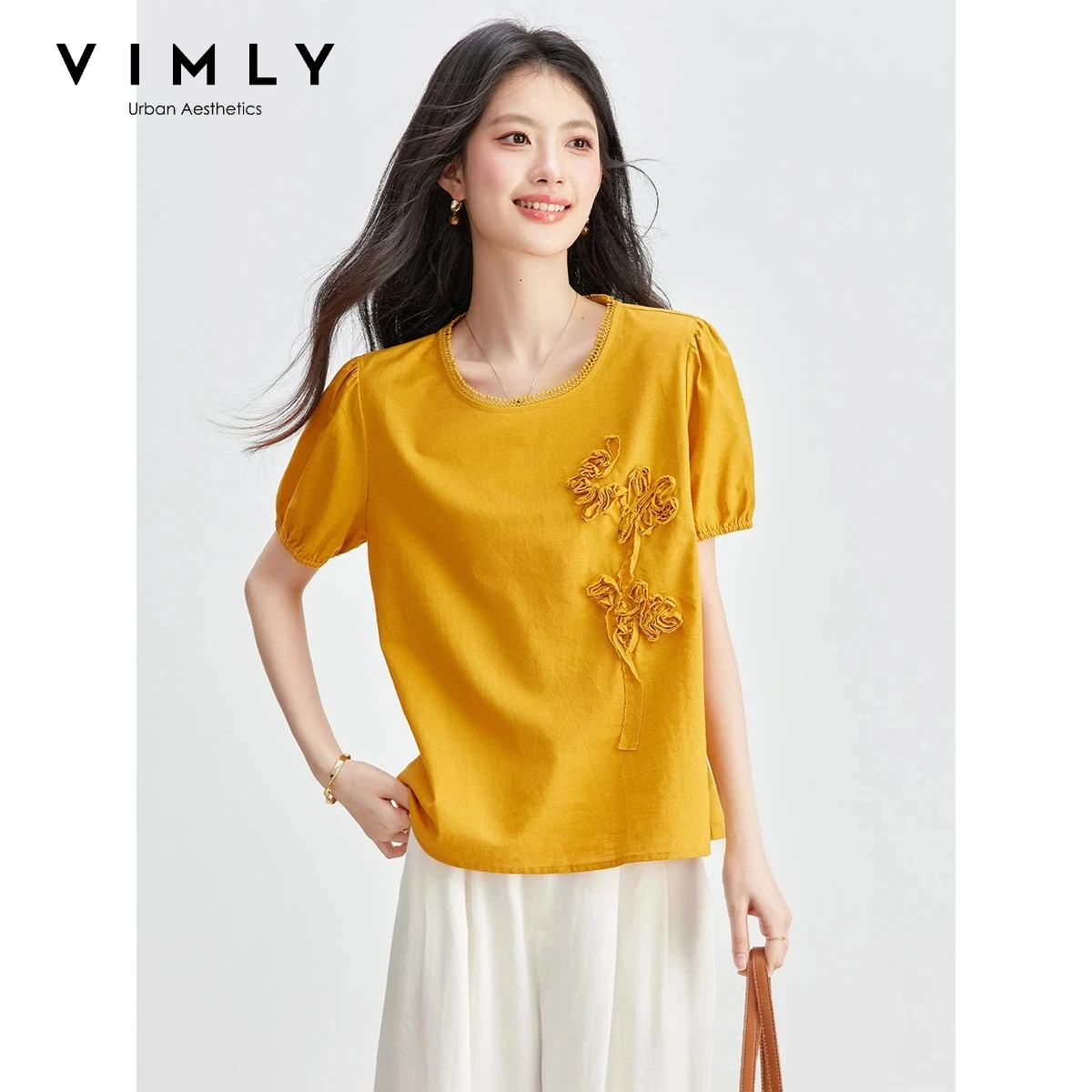 VIMLY French Elegant Yellow Puff Short Sleeve Women's T-shirt Summer 2026 New 3D Embroidered Design Casual Crew Neck Top A6395
VIMLY French Elegant Yellow Puff Short Sleeve Women's T-shirt Summer 2026 New 3D Embroidered Design Casual Crew Neck Top A6395