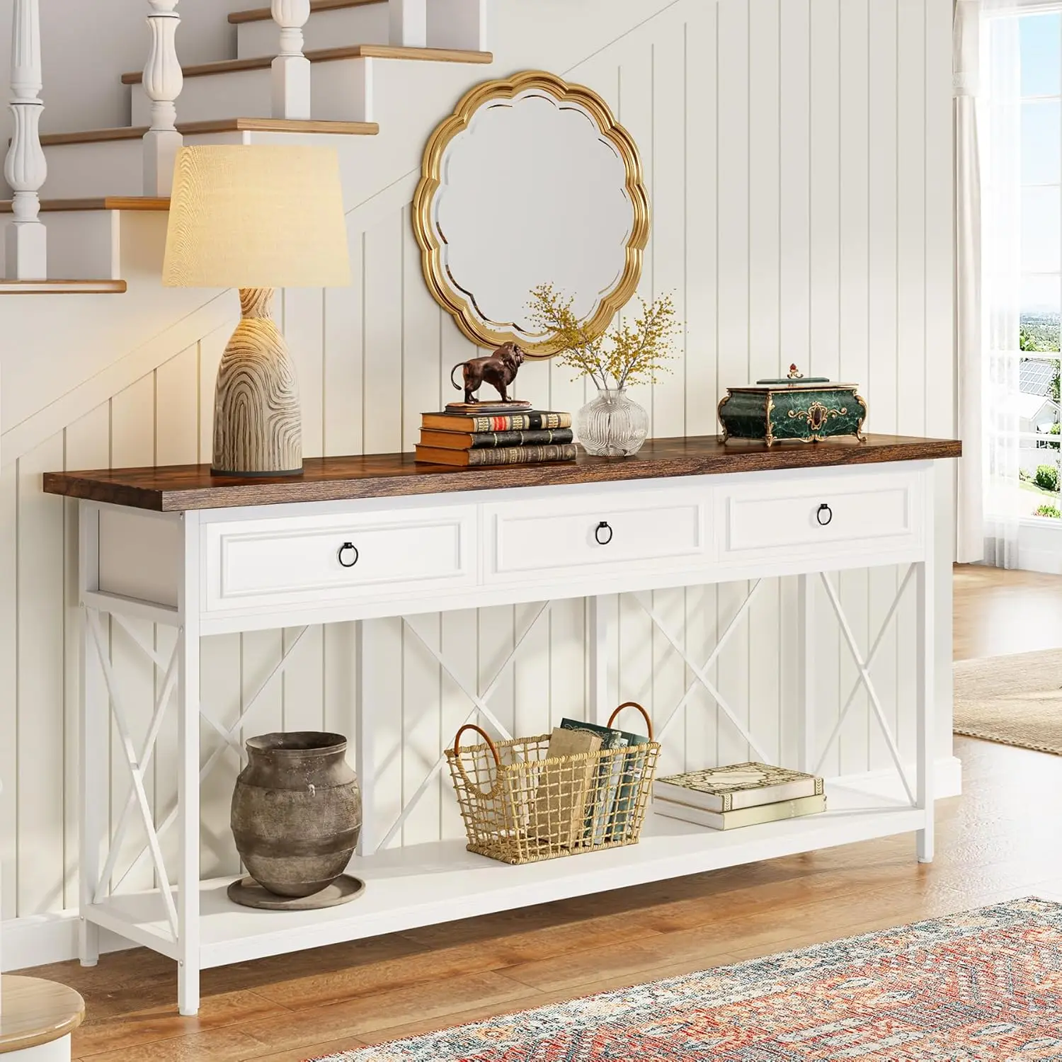 70.8" Console Table with 3 Drawers, Farmhouse Entryway Table with Storage Shelf Narrow Long Sofa Foyer Table (White/Brown)
70.8" Console Table with 3 Drawers, Farmhouse Entryway Table with Storage Shelf Narrow Long Sofa Foyer Table (White/Brown)
