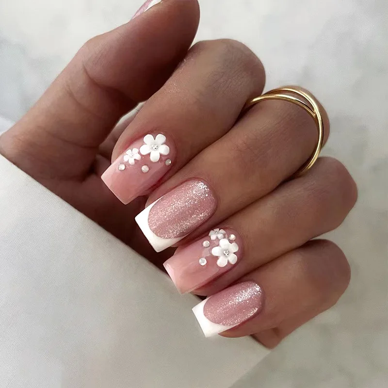 24Pcs 3D Flower Rhinestone Fake Nails Press on Mid-length Square Detachable False Nails White French Shiny Powder Manicure Tips
24Pcs 3D Flower Rhinestone Fake Nails Press on Mid-length Square Detachable False Nails White French Shiny Powder Manicure Tips