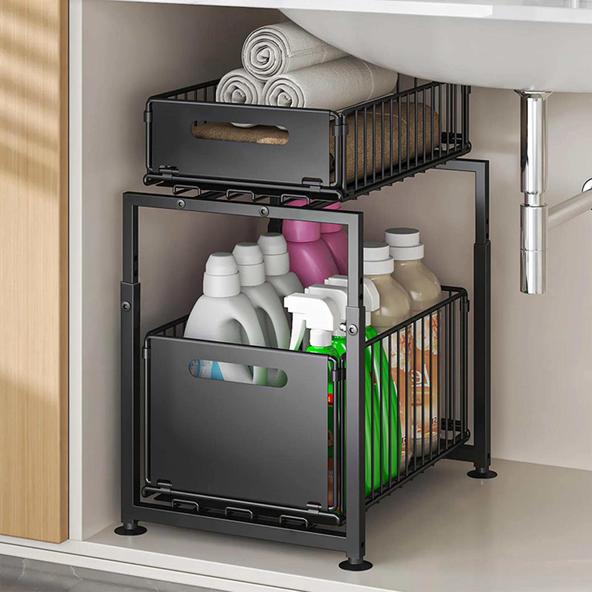 2 Tier Pull Out Cabinet Organizer – Adjustable Under Sink Storage Basket, Slide Out Drawer for Kitchen, Spice Rack & Pantry Shel
2 Tier Pull Out Cabinet Organizer – Adjustable Under Sink Storage Basket, Slide Out Drawer for Kitchen, Spice Rack & Pantry Shel