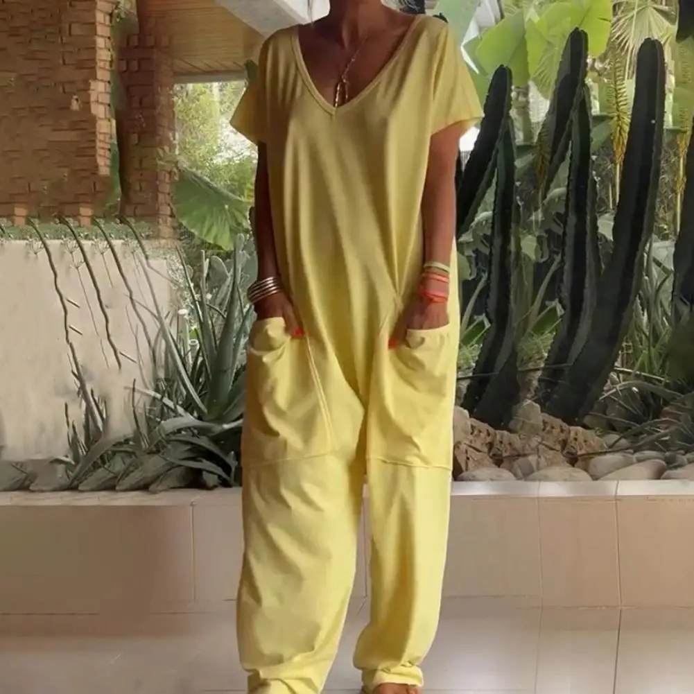 Short Sleeve Jumpsuit Stylish Women's V Neck Jumpsuit with Short Sleeves Deep Crotch Big Pockets Solid Color Casual for Ladies
Short Sleeve Jumpsuit Stylish Women's V Neck Jumpsuit with Short Sleeves Deep Crotch Big Pockets Solid Color Casual for Ladies