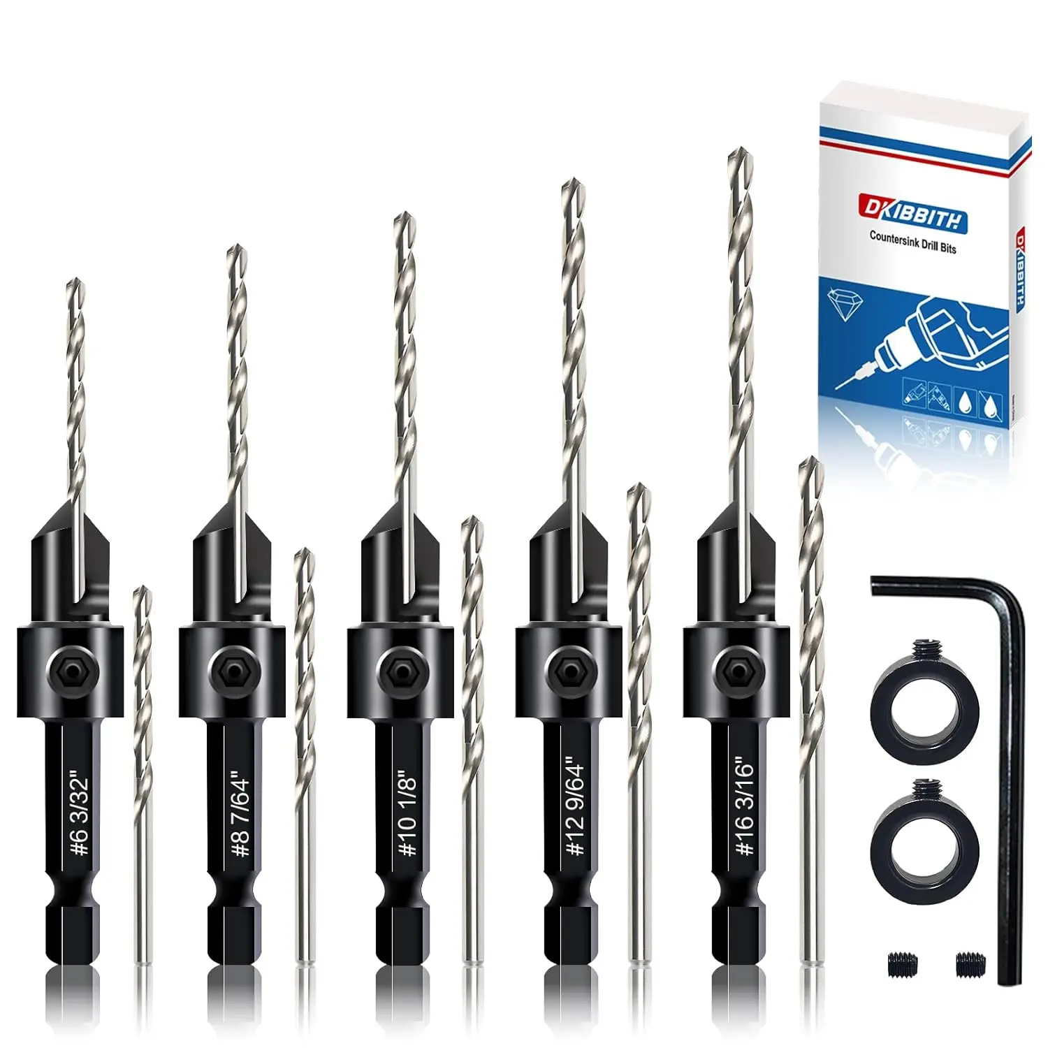 12-Piece Countersink Drill Bit Set with 5 Spare Bits, 2 Limit Rings, Hex Key - 3-in-1 Wood Bit for #6-#16 Screws, 82° Chamfer, Depth Adjustable
12-Piece Countersink Drill Bit Set with 5 Spare Bits, 2 Limit Rings, Hex Key - 3-in-1 Wood Bit for #6-#16 Screws, 82° Chamfer, Depth Adjustable