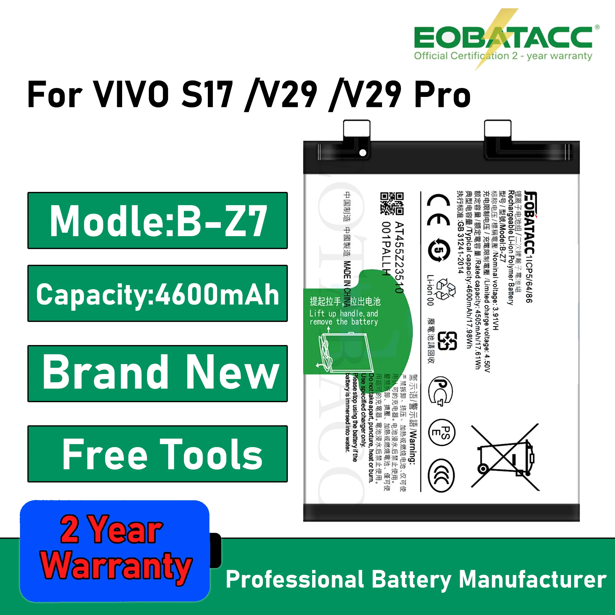 2025 YEARS EOTABACC New 100% High Quality B-Z7 Battery For VIVOS17 /V29 /V29 Pro mobile phone Bateria+ Free Tools
2025 YEARS EOTABACC New 100% High Quality B-Z7 Battery For VIVOS17 /V29 /V29 Pro mobile phone Bateria+ Free Tools