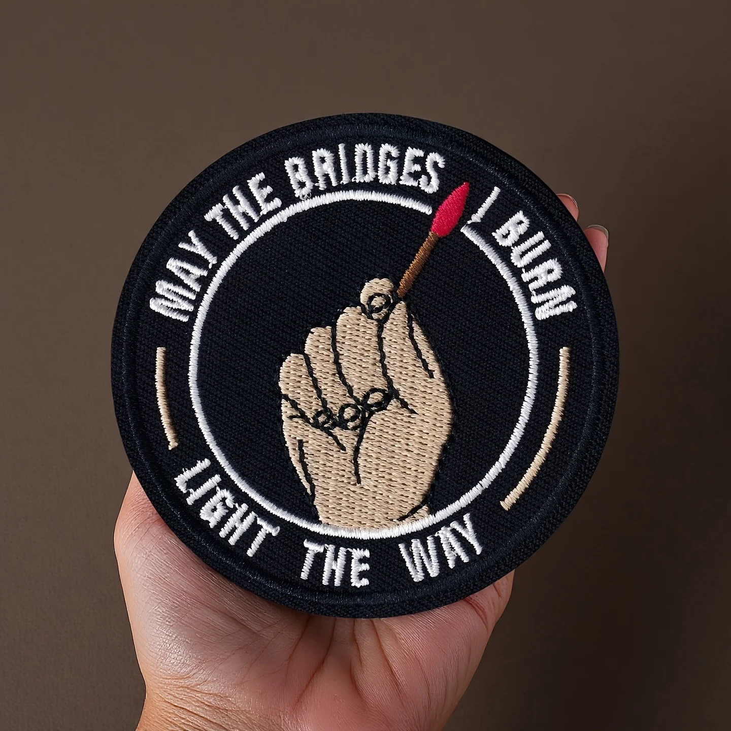 4 pieces of vintage "I can burn bridges, light up the road" embroidered stickers, holding matches; clothing decals, hip hop punk outdoor camping hiking cool inspirational English embroidery or hot stamping badges, DIY accessories,
4 pieces of vintage "I can burn bridges, light up the road" embroidered stickers, holding matches; clothing decals, hip hop punk outdoor camping hiking cool inspirational English embroidery or hot stamping badges, DIY accessories,